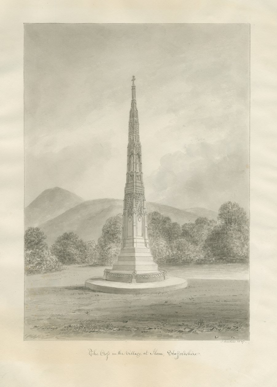 Villaggio di Ilam - Croce (disegno a seppia) da John Buckler