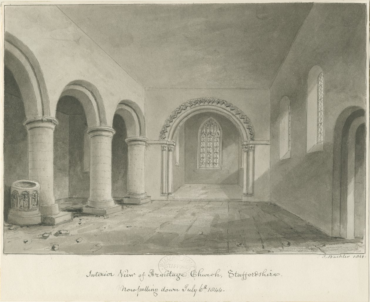 Interno della Chiesa di Armitage: disegno a seppia, 6 lug 1844 da John Buckler