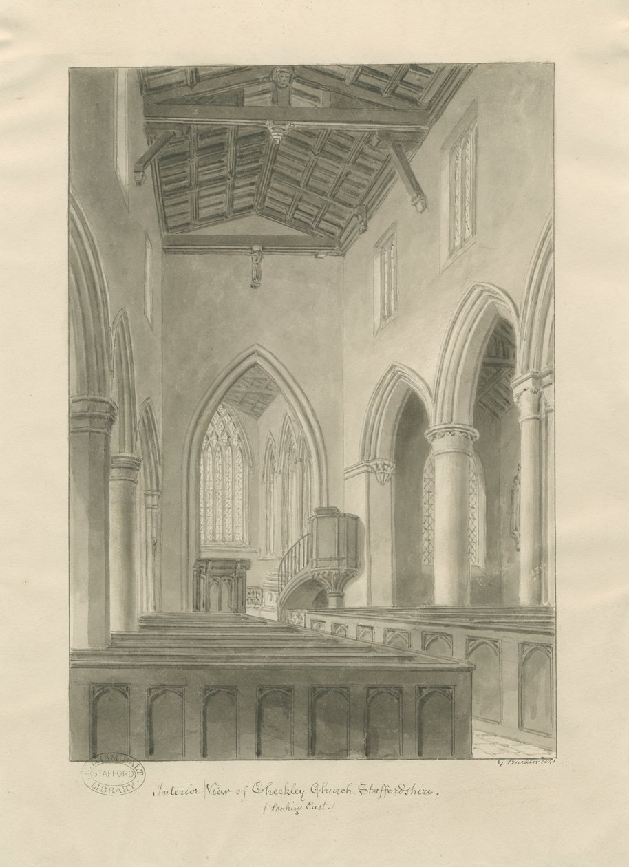 Interno della Chiesa di Checkley: disegno a seppia da John Buckler