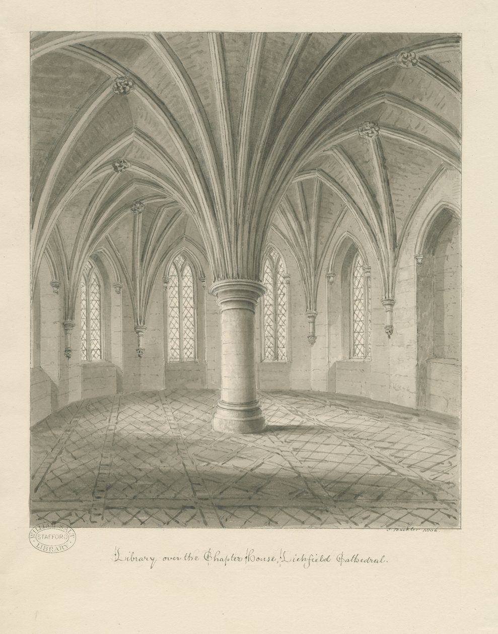 Interno della cattedrale di Lichfield - Biblioteca sopra la sala capitolare: disegno a seppia da John Buckler