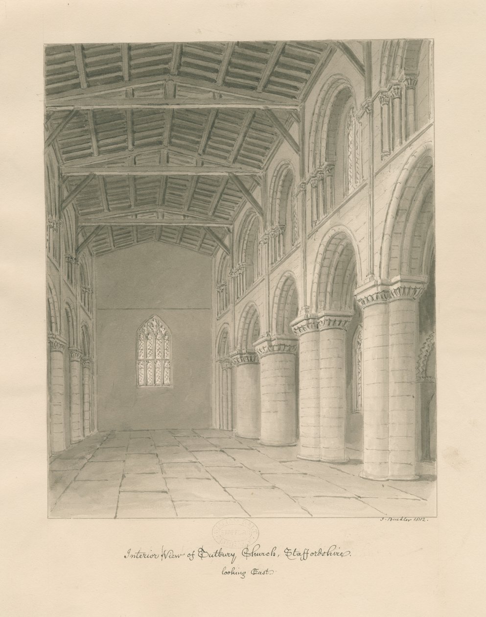 Interno della chiesa priorale di Tutbury: disegno a seppia da John Buckler