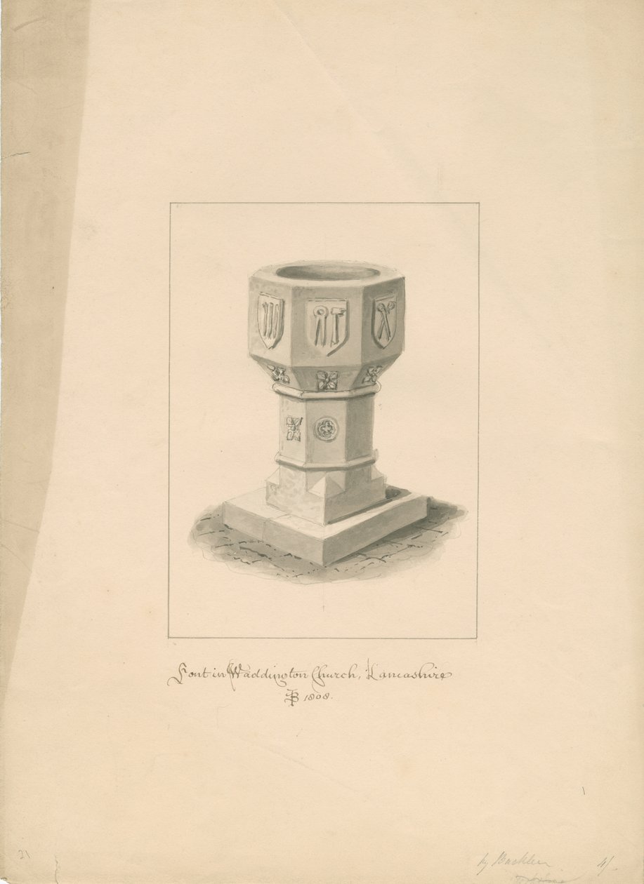 Lancashire - Chiesa di Waddington - Fonte battesimale (disegno a seppia, 1808) da John Buckler