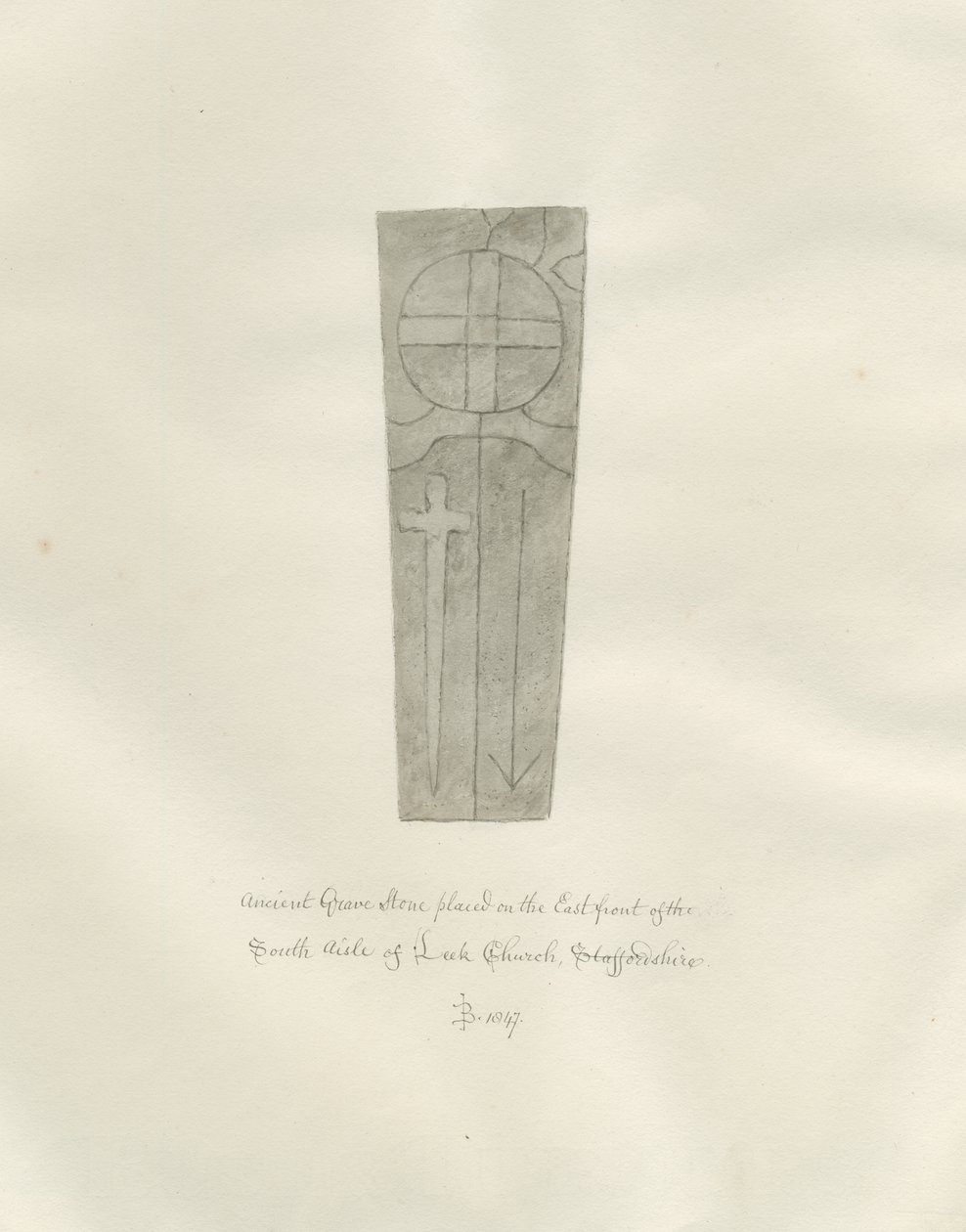 Chiesa di Leek - Lapide: disegno a seppia da John Buckler