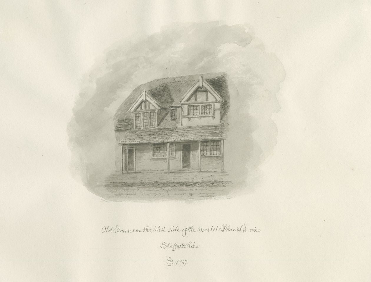 Città di Leek - Vecchie case in Market Place: disegno a seppia da John Buckler