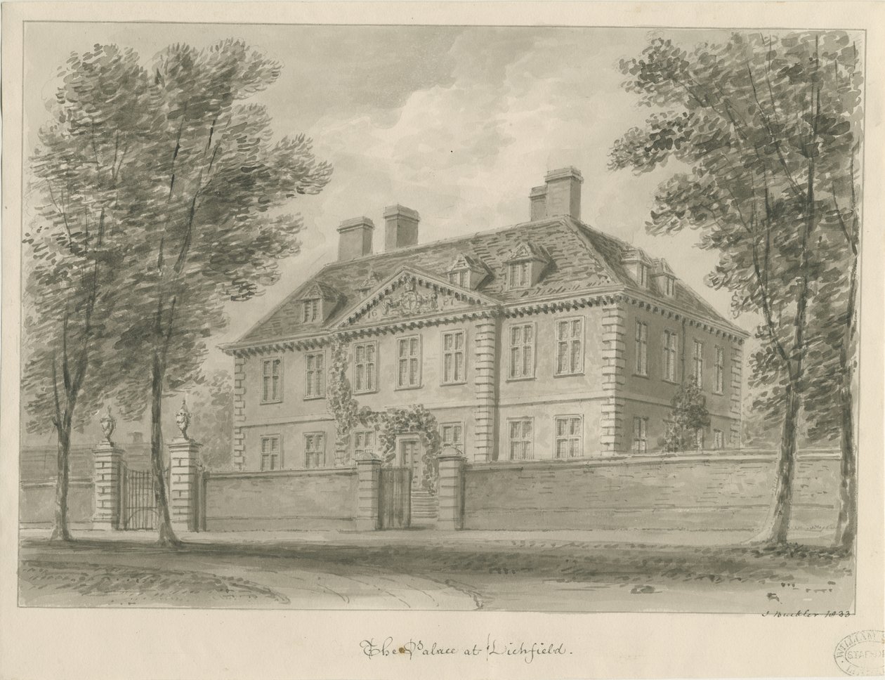 Lichfield - Palazzo del vescovo nel The Close: disegno seppia da John Buckler
