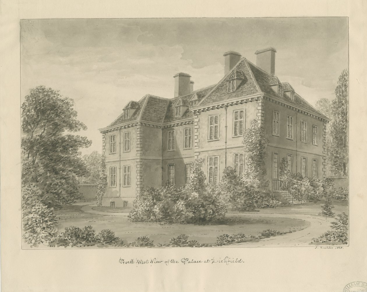Lichfield - Palazzo del Vescovo nel Close: disegno a seppia da John Buckler