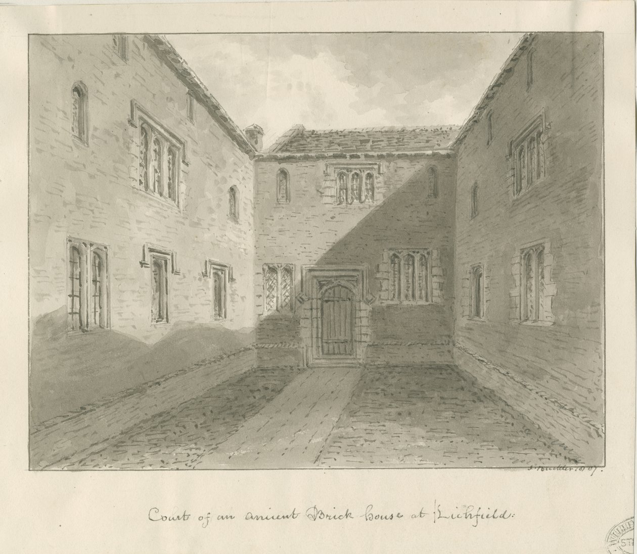 Lichfield - Cortile della vecchia casa nel The Close: disegno seppia da John Buckler