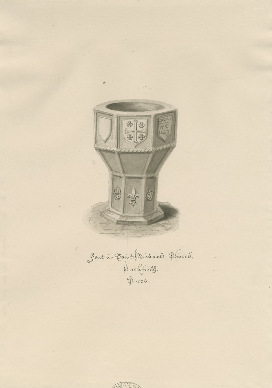 Lichfield - Fonte battesimale nella chiesa di St. Michael: disegno seppia da John Buckler