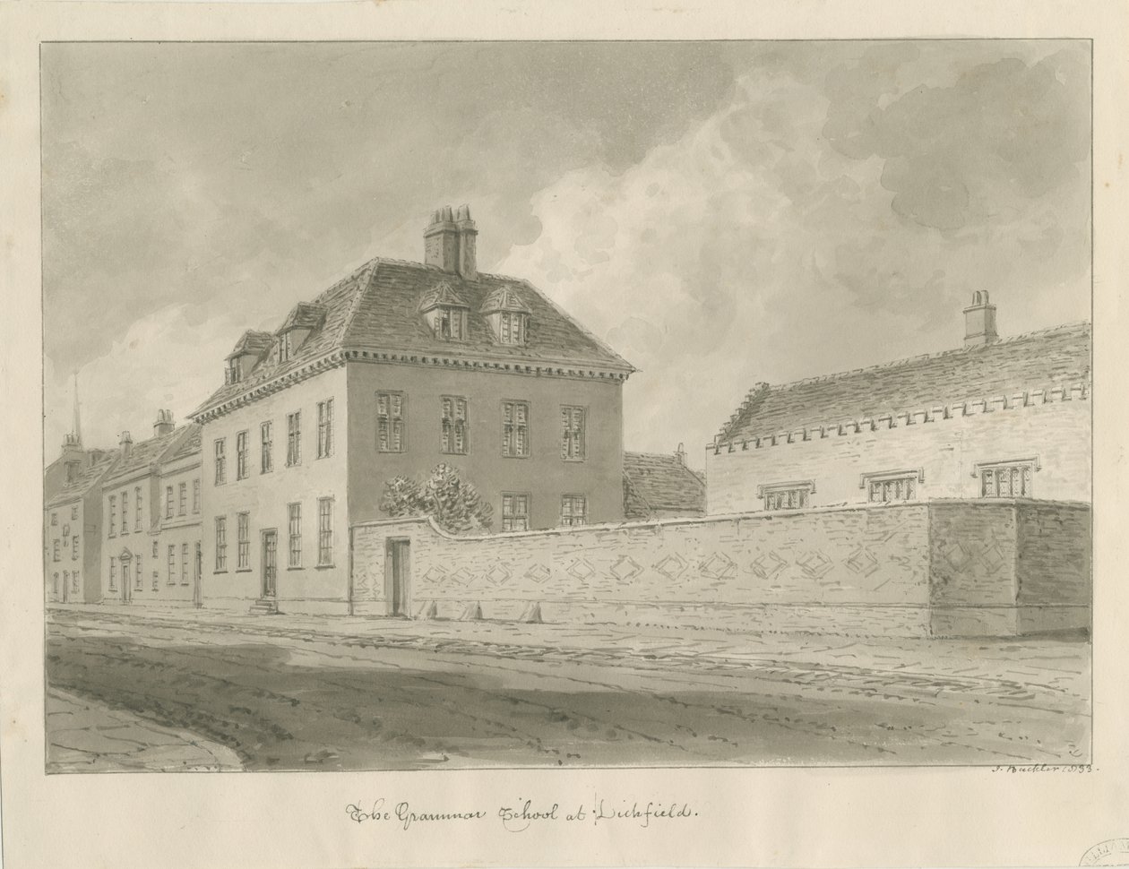 Lichfield - Scuola di grammatica: disegno a seppia da John Buckler