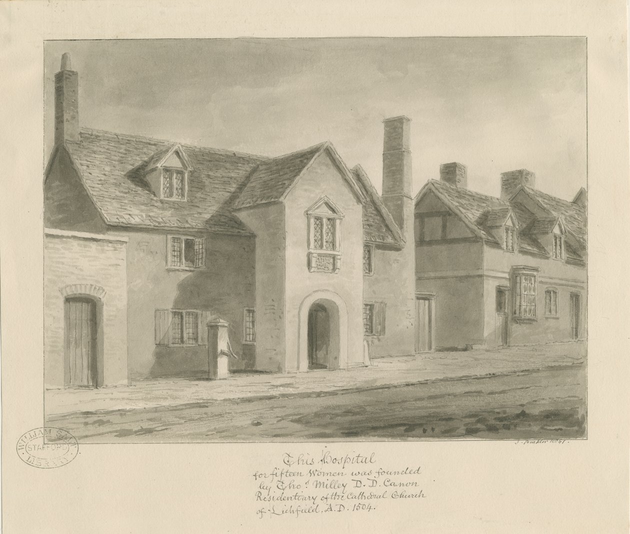 Lichfield - Ospedale per donne: disegno a seppia da John Buckler