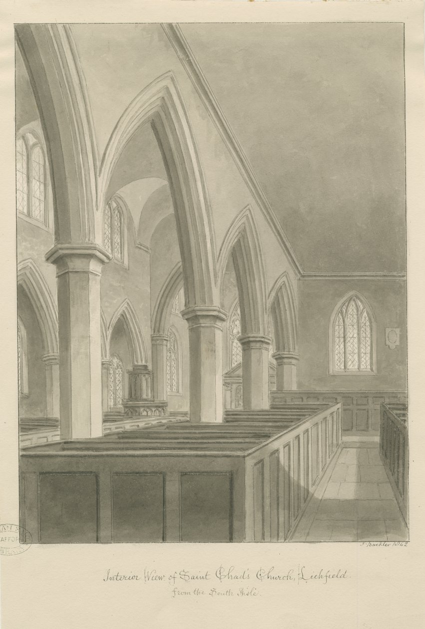 Lichfield - Interno della chiesa di St. Chad: disegno seppia da John Buckler