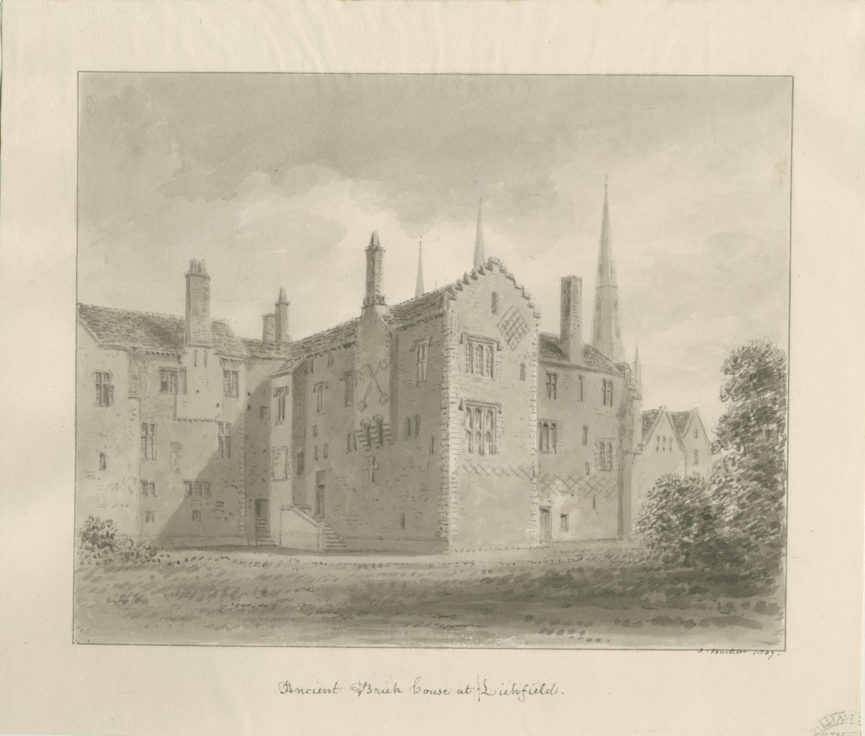 Lichfield - Vecchia Casa nel Chiuso: disegno a seppia da John Buckler