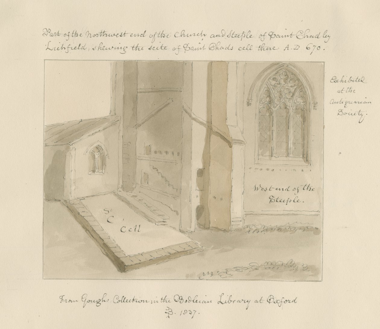 Lichfield - Chiesa di San Chad: disegno a seppia da John Buckler