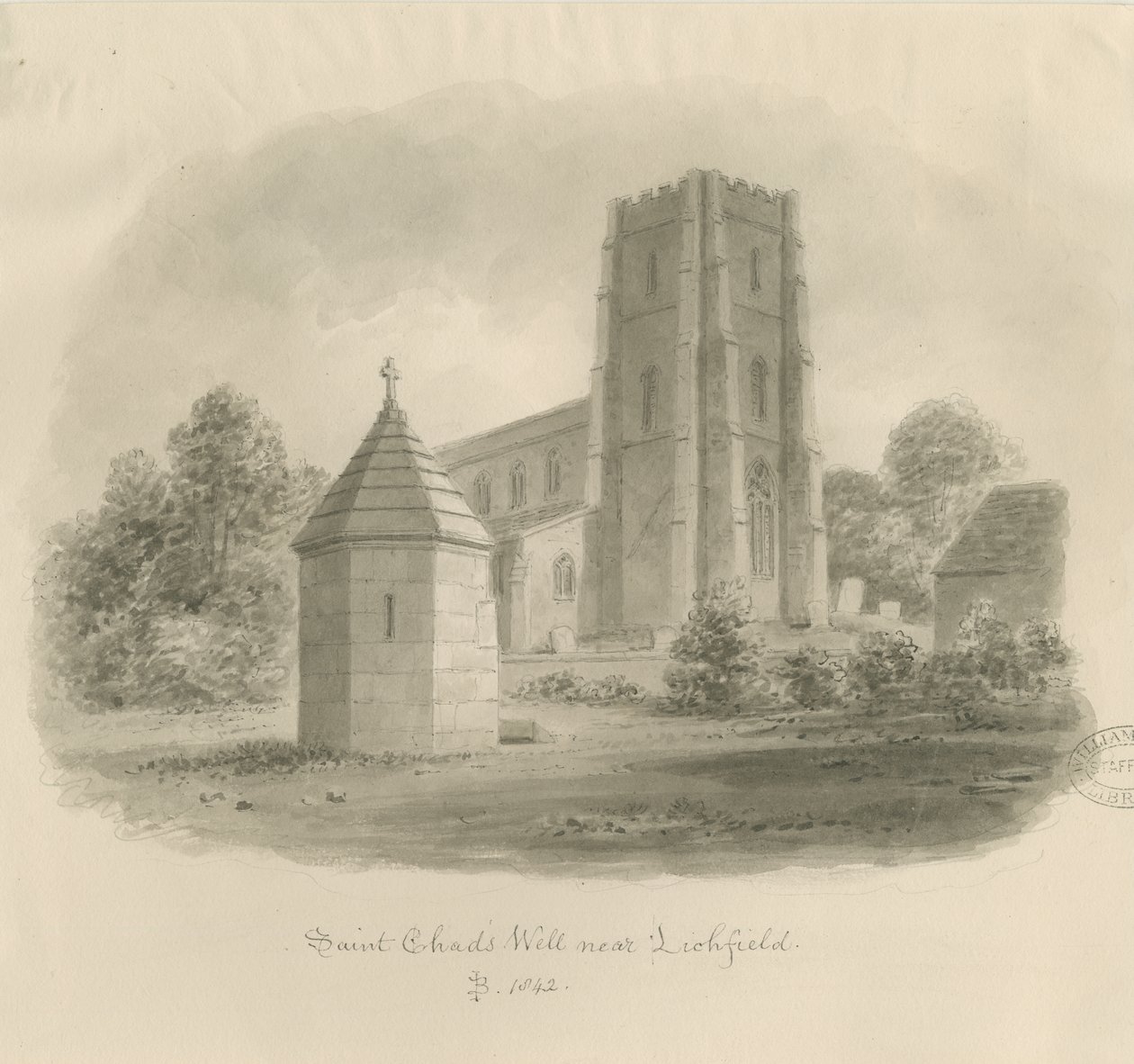 Lichfield - Pozzo di San Chad: disegno a seppia da John Buckler