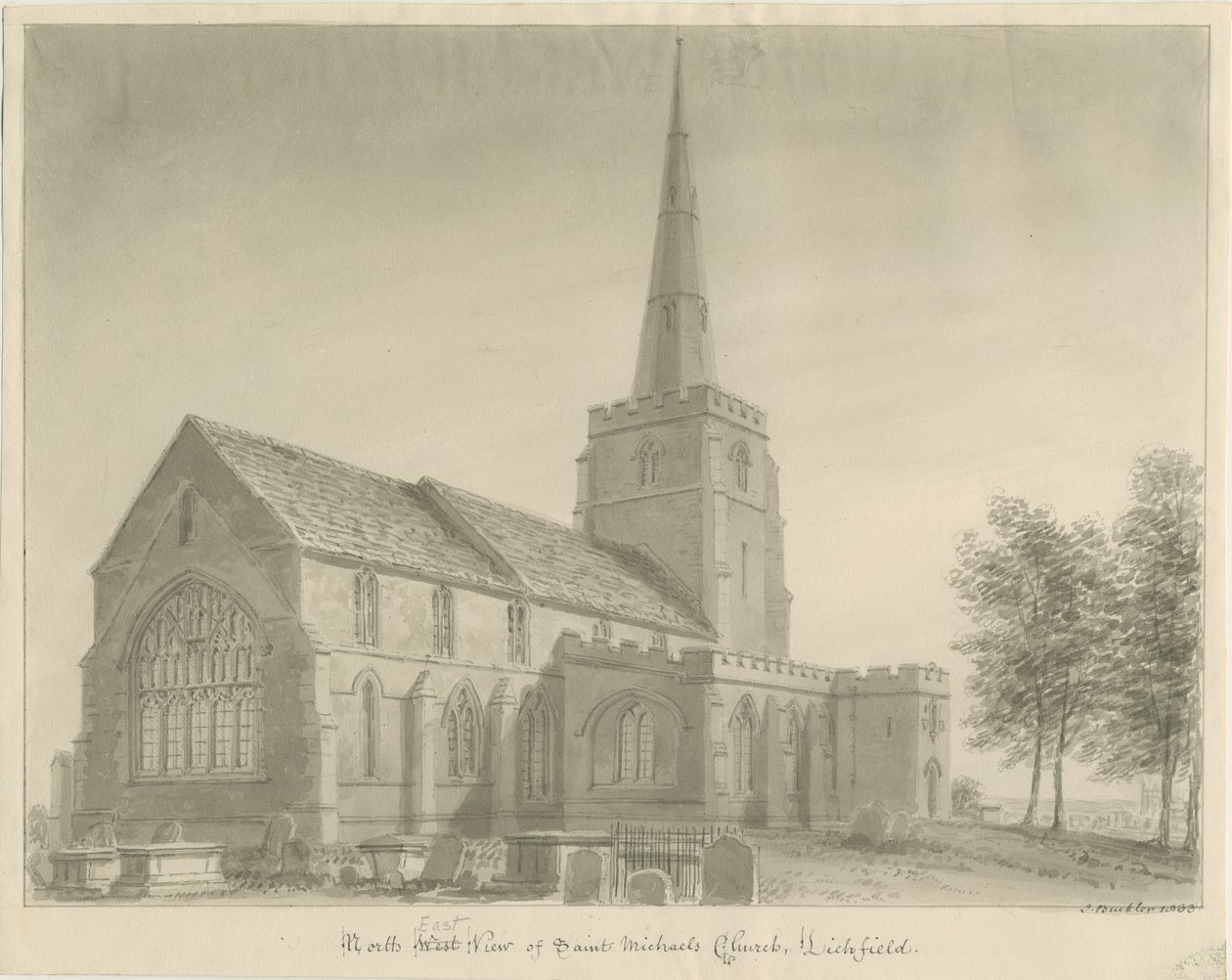 Lichfield - Chiesa di San Michele: disegno a seppia da John Buckler