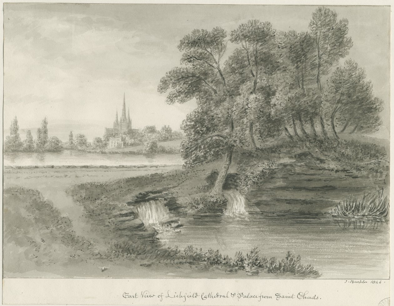 Cattedrale di Lichfield - Vista Est: disegno a seppia, 1844 da John Buckler