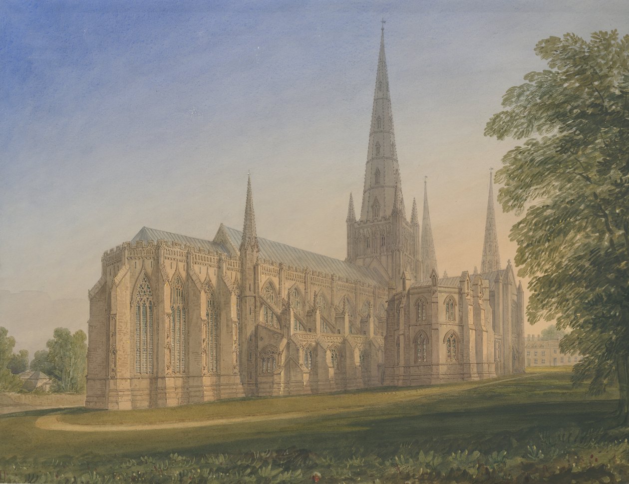 Cattedrale di Lichfield - Vista Nord Est: acquerello, nd [1770-1851] da John Buckler