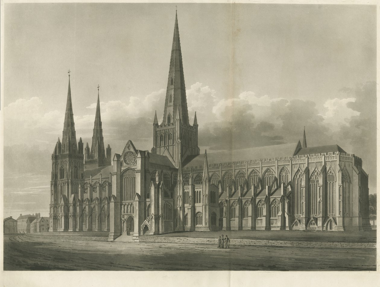 Cattedrale di Lichfield - Vista sud-est: incisione ad acquatinta, nd [?XIX secolo] da John Buckler
