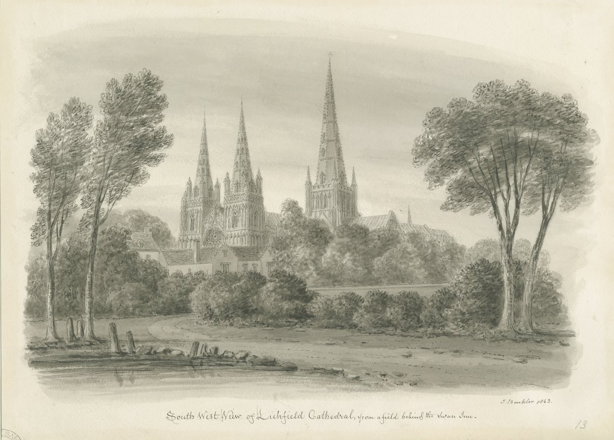Cattedrale di Lichfield - Vista sud-ovest: disegno a seppia da John Buckler