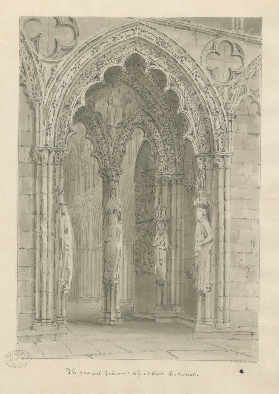Cattedrale di Lichfield - Porta Ovest: disegno a seppia da John Buckler