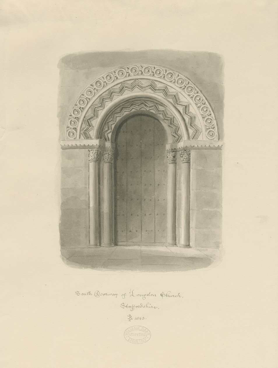 Chiesa di Longdon - Portale sud: disegno a seppia da John Buckler