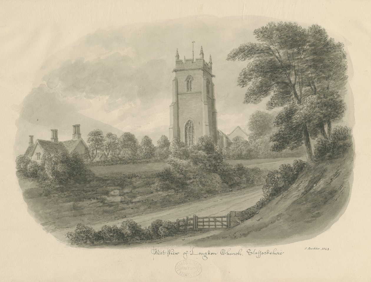 Chiesa di Longdon: disegno a seppia da John Buckler