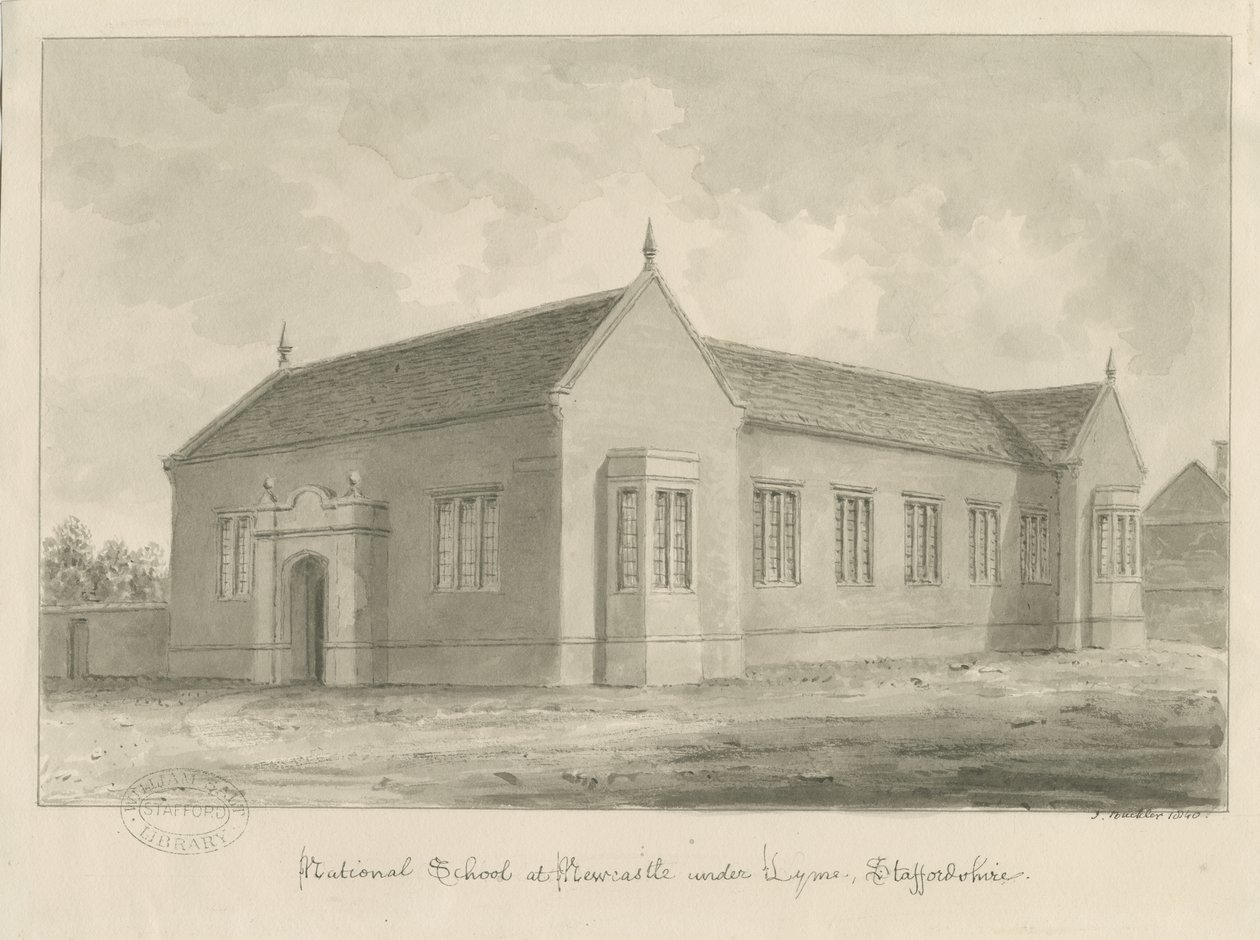 Newcastle-under-Lyme - Scuola Nazionale: disegno a seppia da John Buckler
