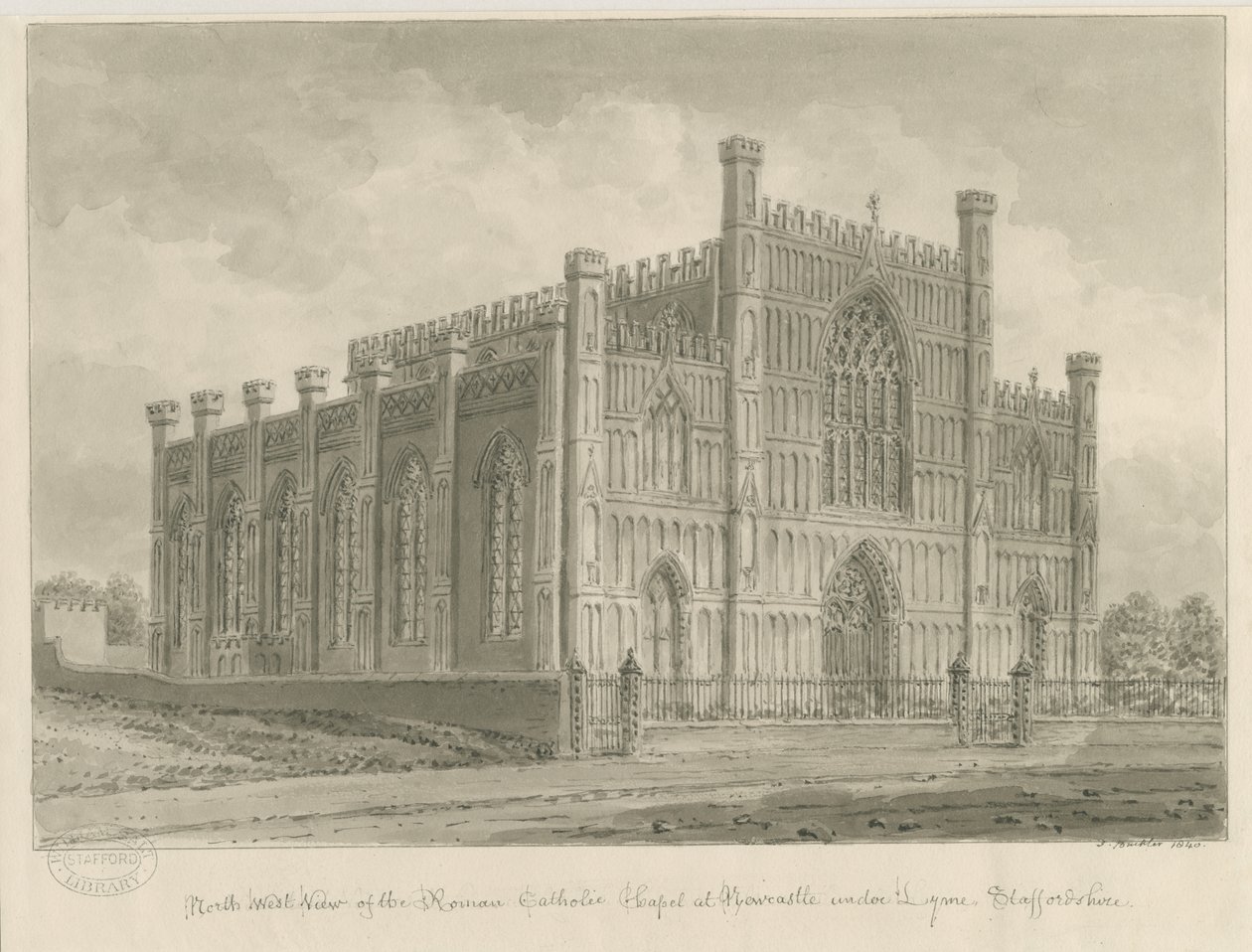 Newcastle-under-Lyme - Cappella cattolica romana: disegno a seppia da John Buckler