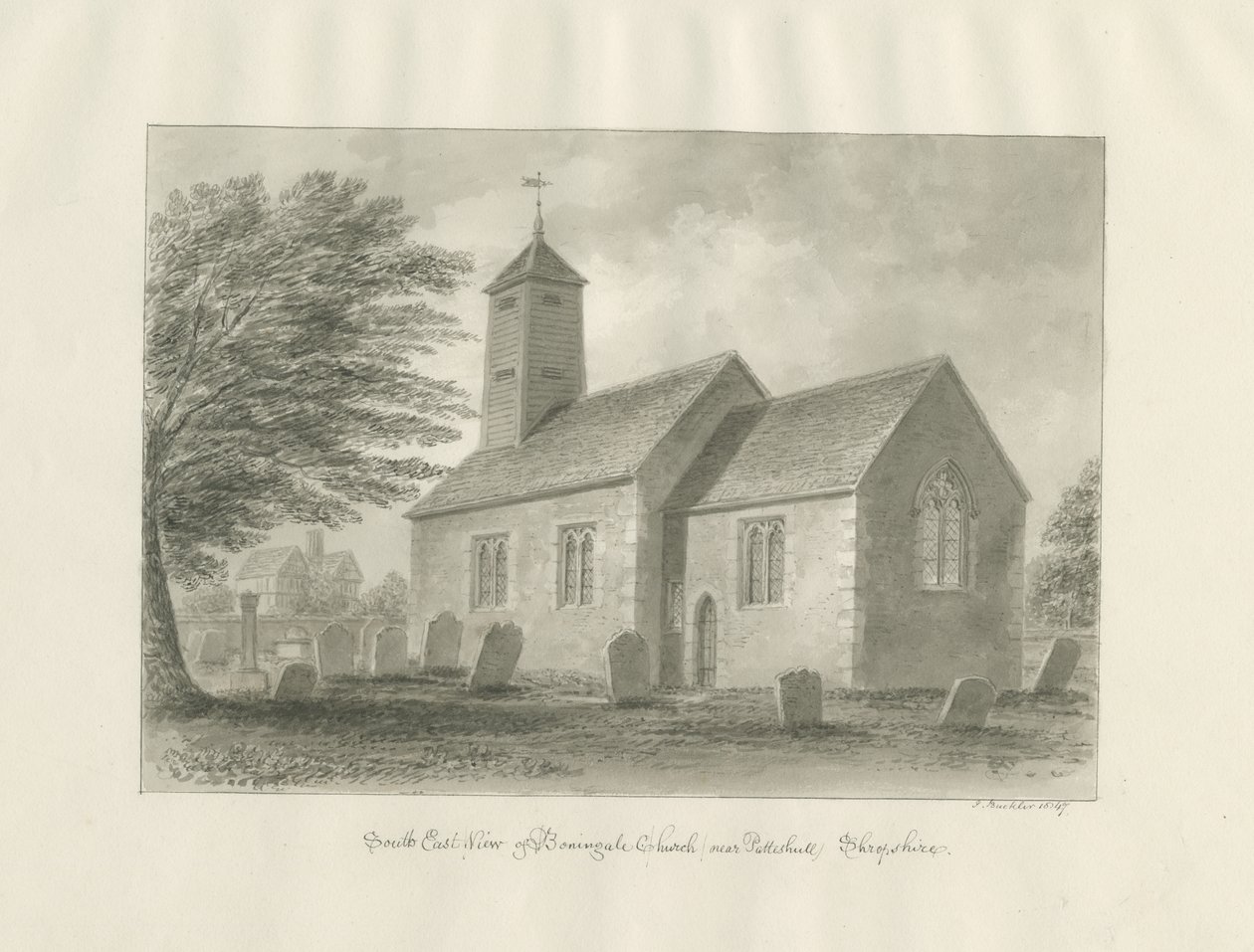 Patshull - Chiesa di Boningale: disegno a seppia da John Buckler