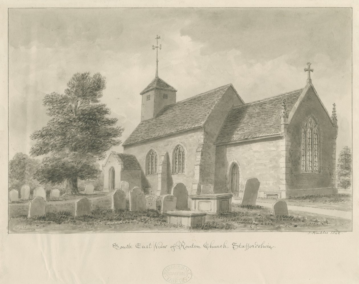 Chiesa di Ranton: disegno a seppia da John Buckler