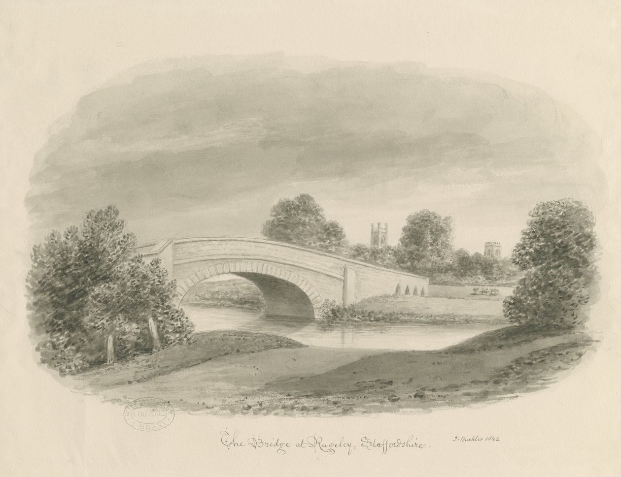 Rugeley Town - Ponte: disegno a seppia da John Buckler