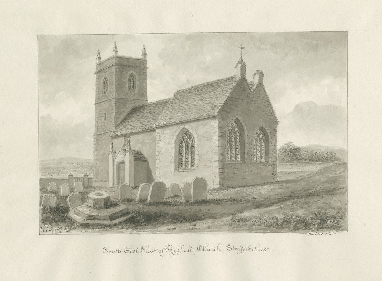 Chiesa di Rushall: disegno a seppia da John Buckler