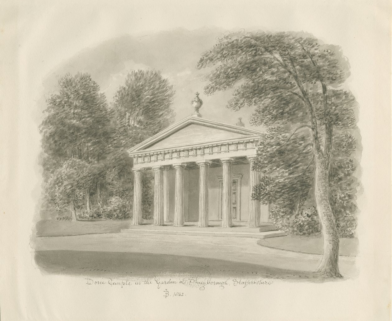 Shugborough - Tempio Dorico: disegno a seppia, 1842 da John Buckler