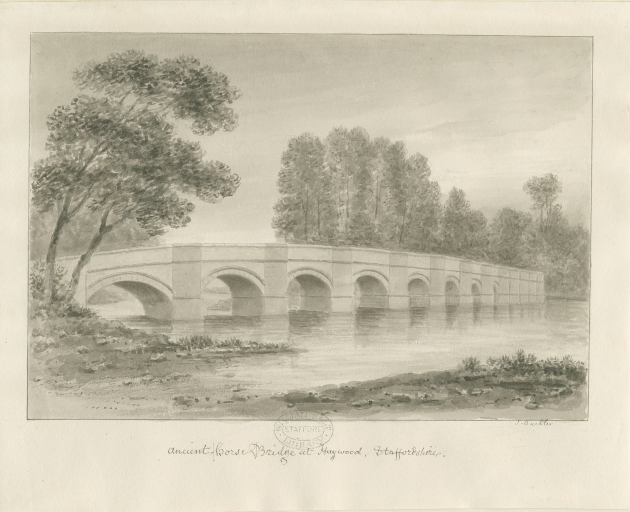 Ponte di Shugborough: disegno a seppia, nd [?1840s] da John Buckler