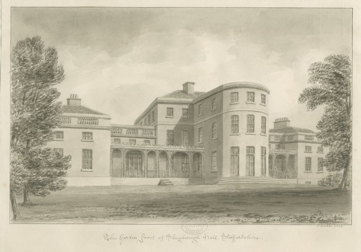 Shugborough Hall - Fronte del giardino: disegno a seppia, 1842 da John Buckler