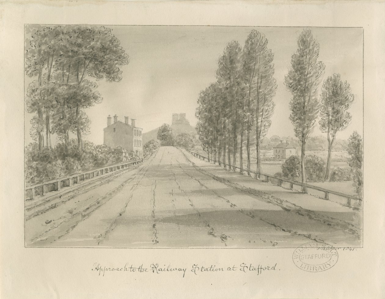 Stafford - Accesso alla stazione ferroviaria: disegno a seppia da John Buckler