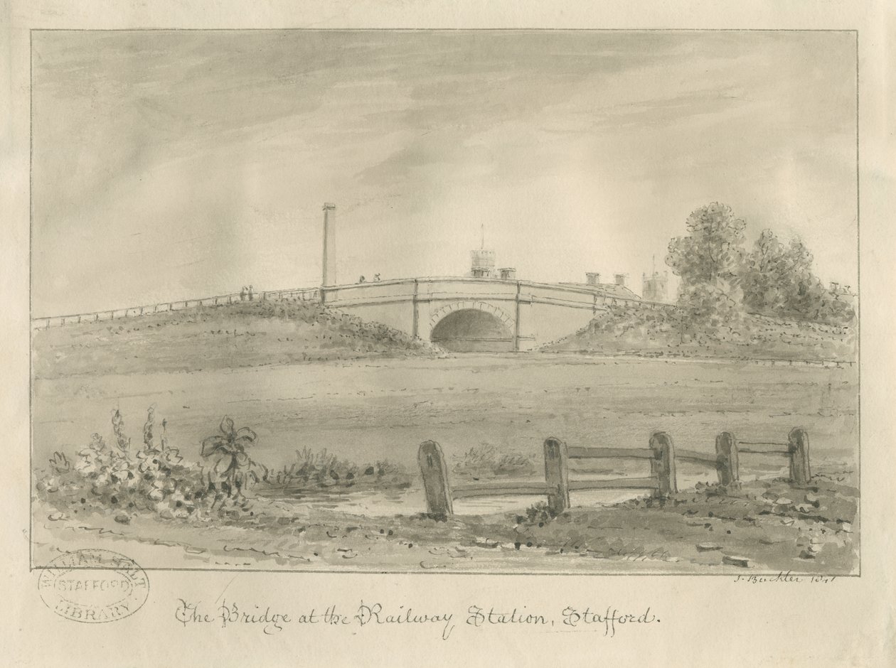 Stafford - Ponte alla stazione ferroviaria: disegno a seppia, 1841 da John Buckler