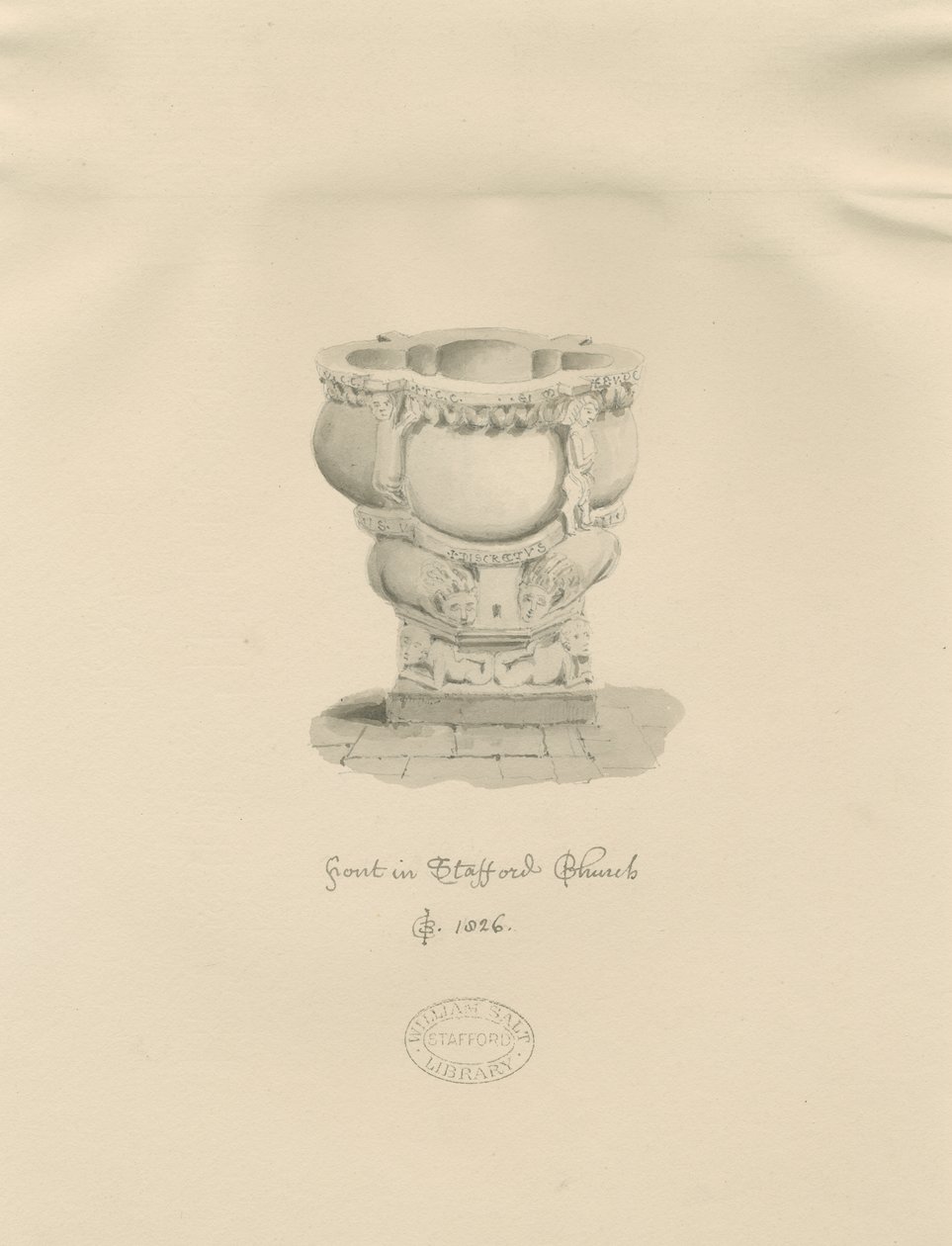 Stafford - Fonte battesimale nella Chiesa di Santa Maria: disegno a seppia da John Buckler