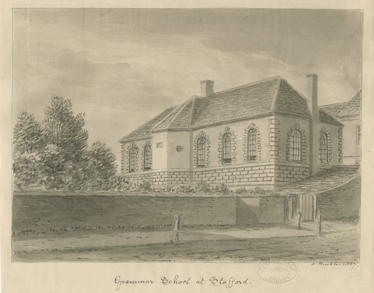Stafford - Scuola di grammatica: disegno a seppia da John Buckler