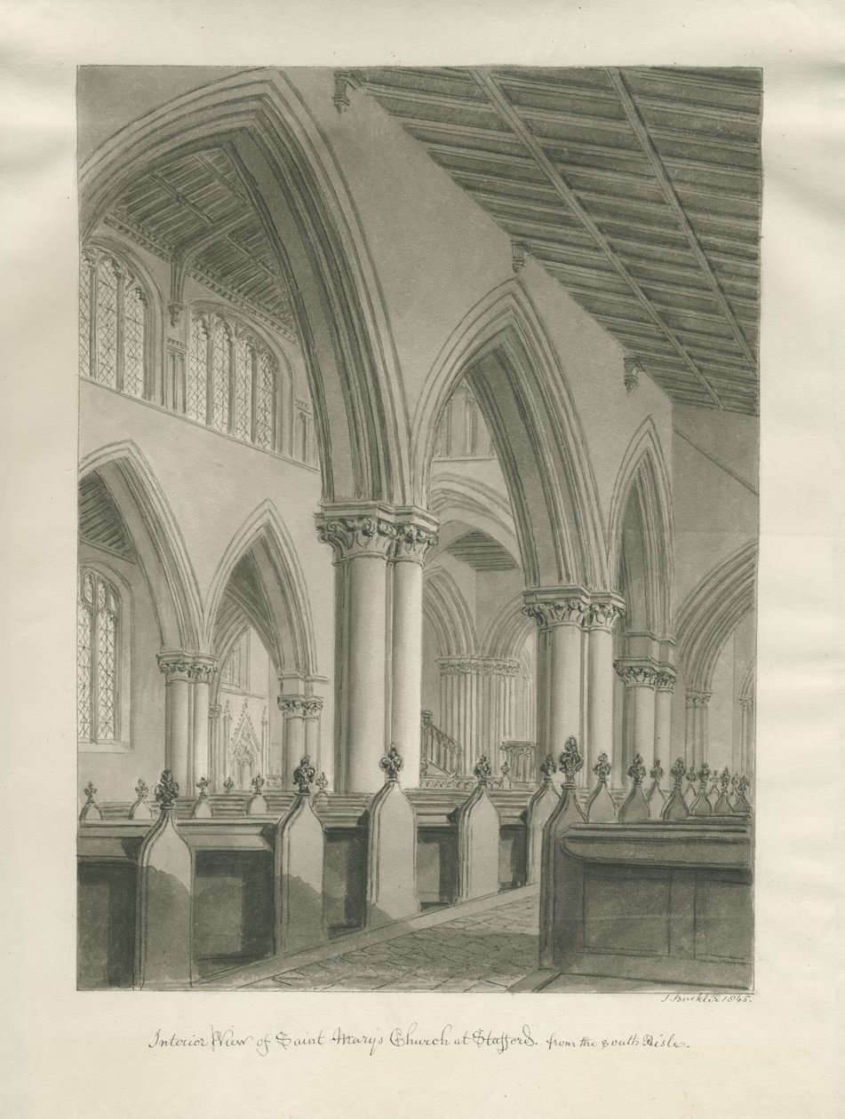 Stafford - Interno della Chiesa di Santa Maria: disegno a seppia da John Buckler