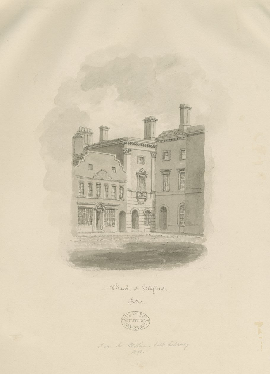 Stafford - Vecchia Banca in Market Square: disegno a seppia da John Buckler