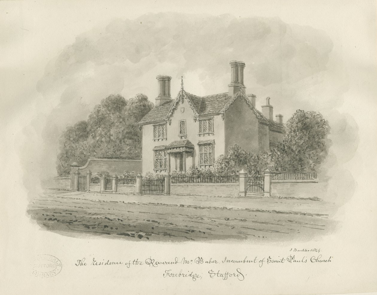 Stafford - Residenza del Reverendo Baber: disegno a seppia da John Buckler
