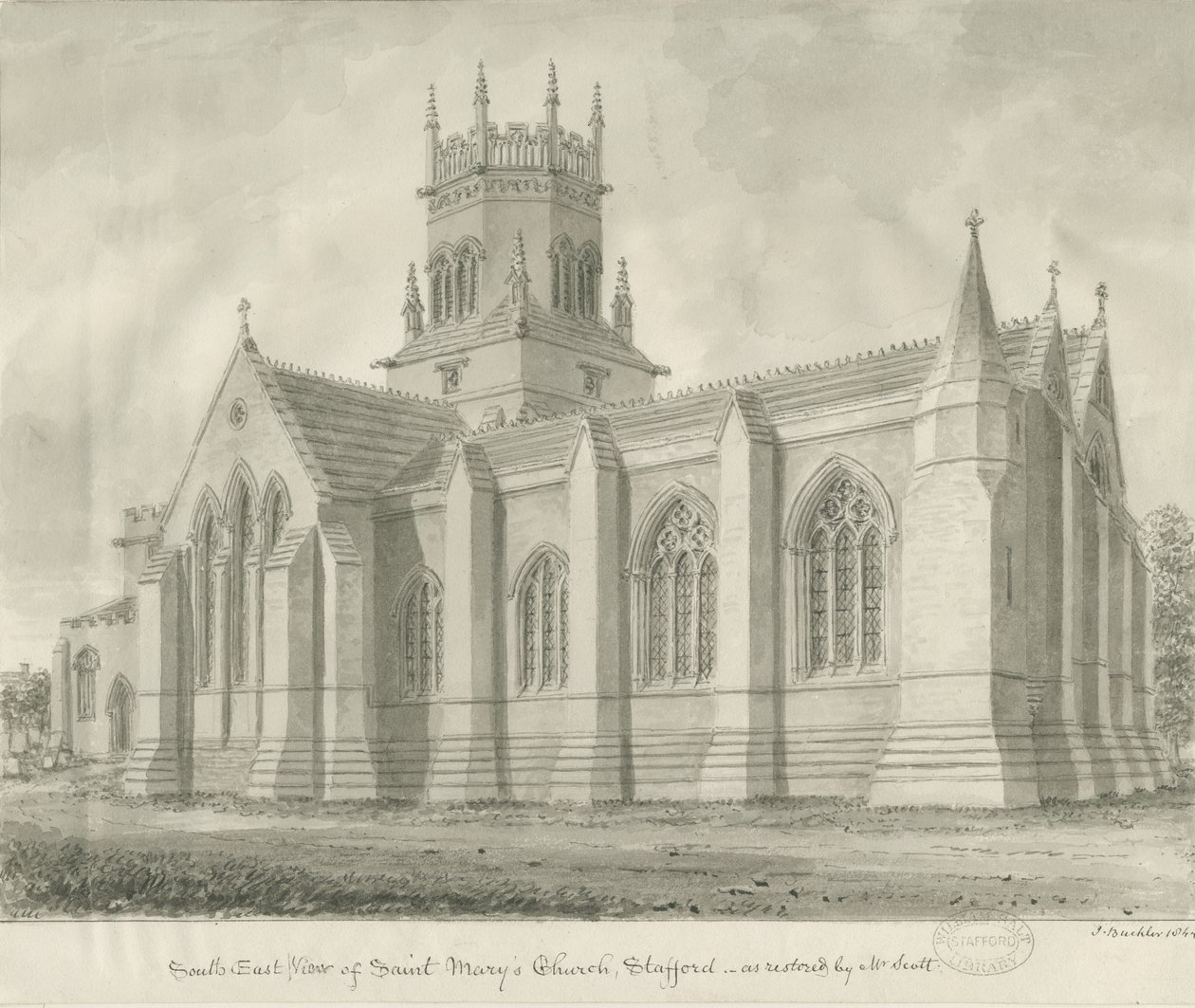 Stafford - Chiesa di Santa Maria: disegno a seppia da John Buckler