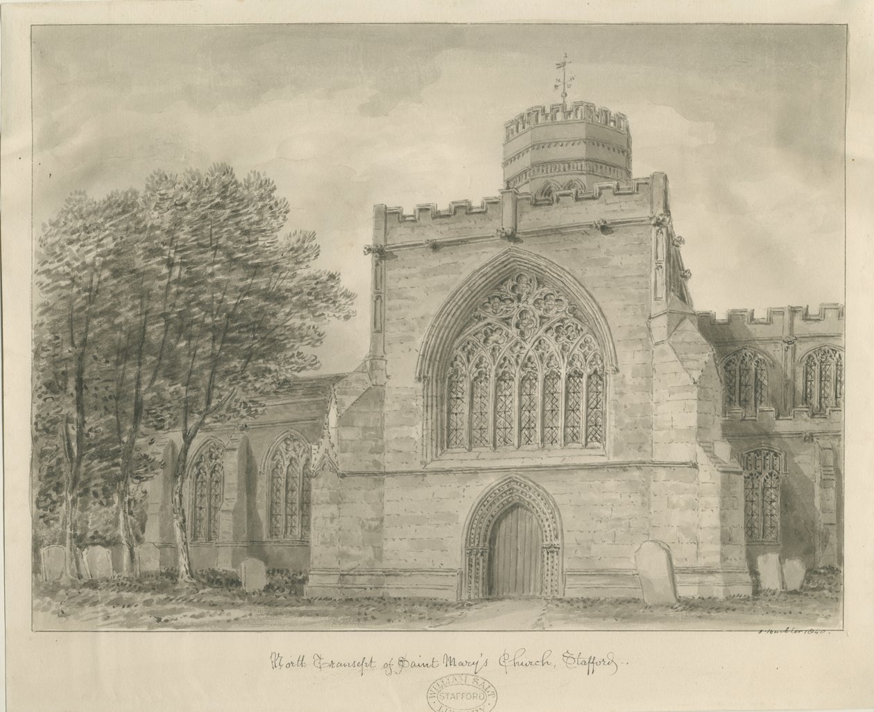 Stafford - Chiesa di Santa Maria: disegno a seppia da John Buckler