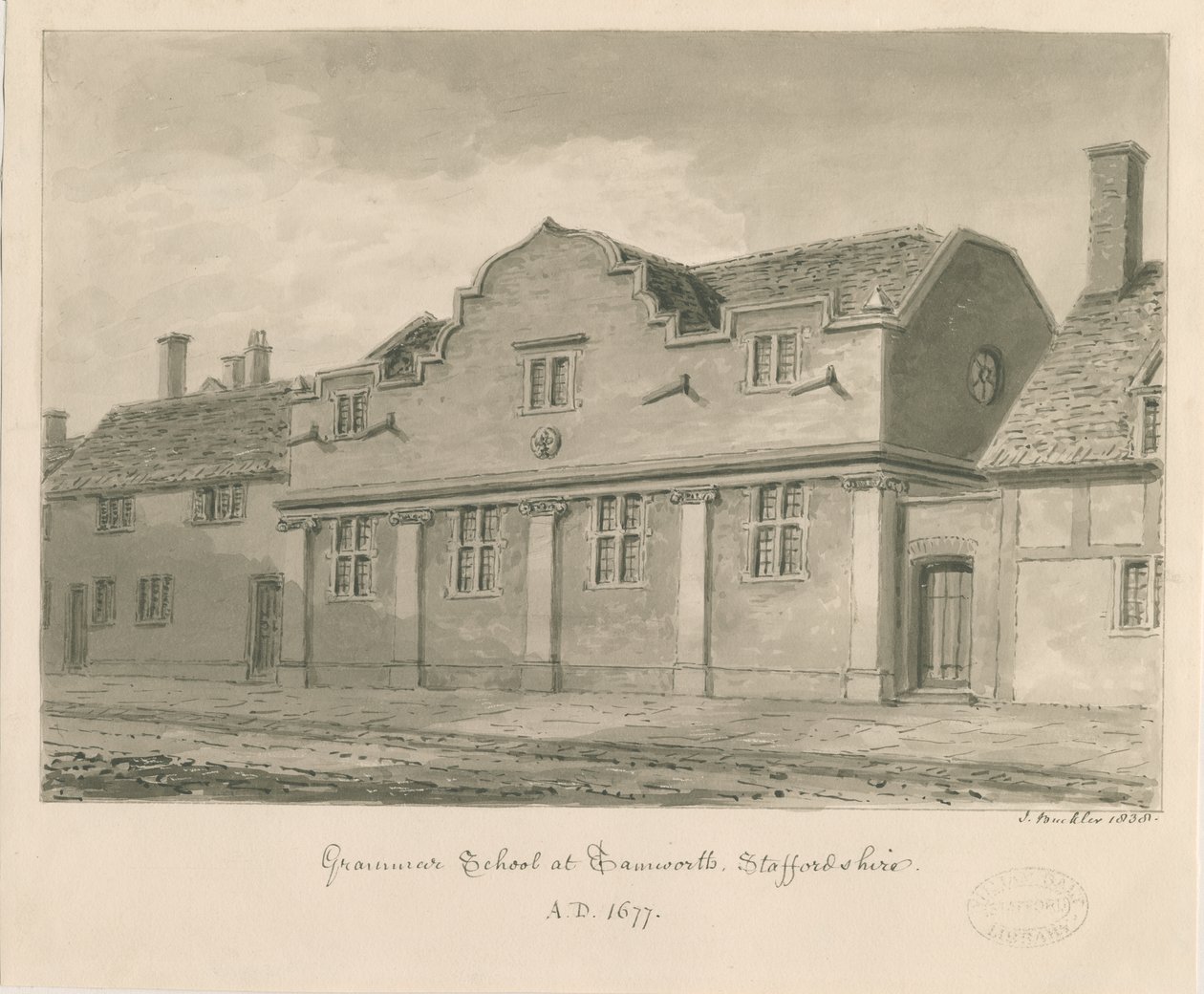 Tamworth - Scuola di Grammatica: disegno seppia, 1838 da John Buckler