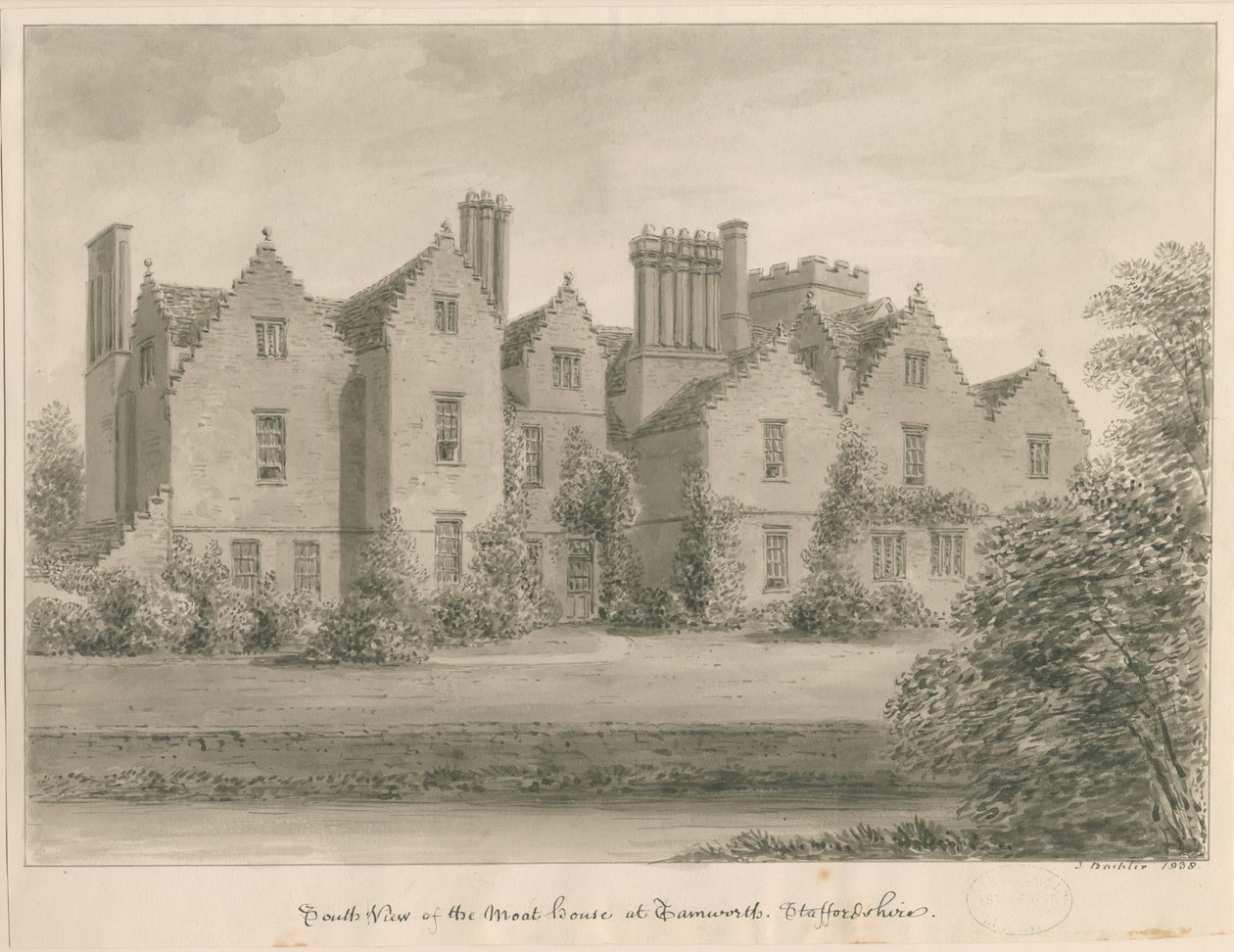 Tamworth - The Moat House: disegno a seppia da John Buckler
