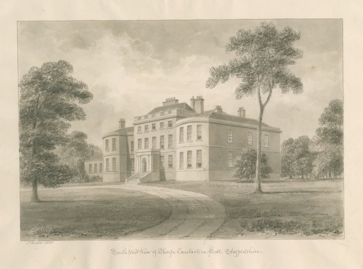 Thorpe Constantine Hall: disegno a lavaggio seppia, 1848 da John Buckler
