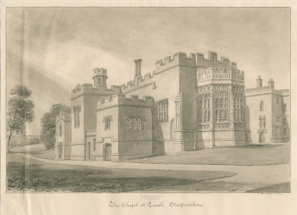Tixall - Cappella a Tixall Hall: disegno a lavaggio seppia, 1841 da John Buckler