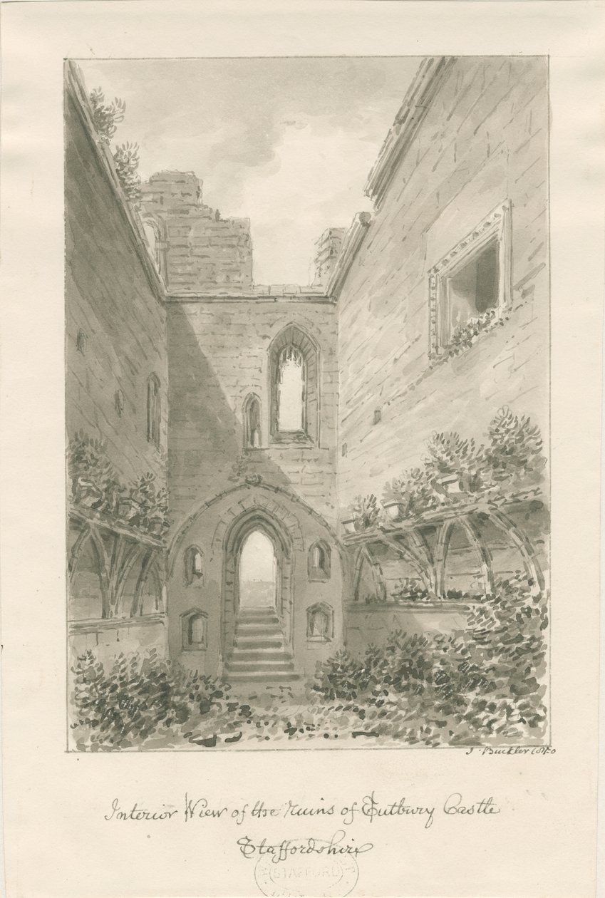 Castello di Tutbury - Interno delle rovine: disegno a seppia da John Buckler