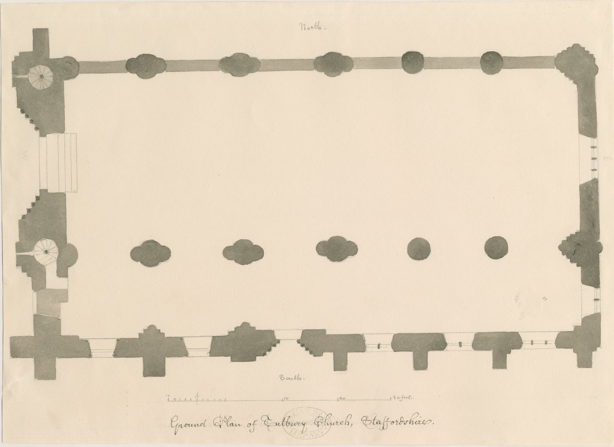 Chiesa priorale di Tutbury - Pianta: disegno a matita e seppia, nd [?1812] da John Buckler